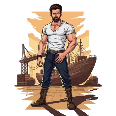 "A full-body cinematic action shot of a man with Hrithik Roshan's facial features and physique, sporting a rugged beard, standing with a dominant, confident posture. He is wearing a tight olive green tactical t-shirt and cargo pants. One hand is relaxed near the waist, shoulders broad, intense gaze toward the camera. Background is a gritty, dusty industrial shipyard with warm, high-contrast lighting, 8k, hyper-realistic, shot on 35mm lens, dramatic shadows, muscular build, flawless skin texture."
