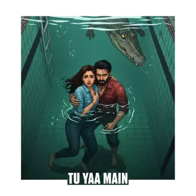 A cinematic movie poster for a Hindi survival thriller. A young, fashionable Indian woman (resembling Shanaya Kapoor) and a rugged Indian man (resembling Adarsh Gourav) are trapped at the bottom of a deep, abandoned, concrete, green-tiled swimming pool. The man looks protective, the woman looks terrified. A large, menacing crocodile is lurking in the murky water nearby, only its eyes visible. High contrast, moody lighting, intense, dramatic atmosphere, cinematic, 8k resolution, shot on anamorphic lens"Tu Yaa Main" in bold white font at the bottom.