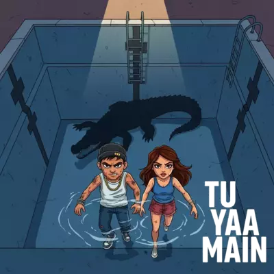 "A high-tension cinematic movie poster for 'Tu Yaa Main'. A young man with a rugged street-rapper aesthetic and a glamorous young woman are trapped at the bottom of a deep, empty concrete swimming pool. In the shadows of the pool, the large, menacing silhouette of a crocodile lurks. Dramatic top-down lighting from the distant pool edge above, creating a sense of isolation and peril. Intense expressions, gritty atmosphere, 8k resolution, Bollywood thriller style."
