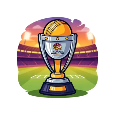 "A stunning, close-up, dramatic shot of the ICC Men's T20 World Cup trophy placed on a cricket pitch, with the blurred background of the Wankhede Stadium at sunset. Golden hour lighting, highly detailed trophy texture, vibrant colors, celebratory atmosphere, photorealistic, 8k, vibrant." 