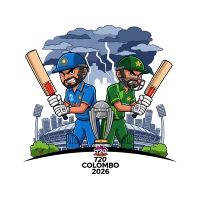 "Epic sports poster for India vs Pakistan 2026 T20 World Cup. Two fierce cricket players—one in an Indian blue jersey and one in a Pakistani green jersey—stand back-to-back in the center. Behind them, the iconic Colombo skyline and the R. Premadasa Stadium are visible under a dramatic stormy sky. The ICC T20 World Cup trophy is centered at the bottom with the text 'COLOMBO 2026'. Hyper-realistic, dramatic shadows, vibrant colors, 4k."