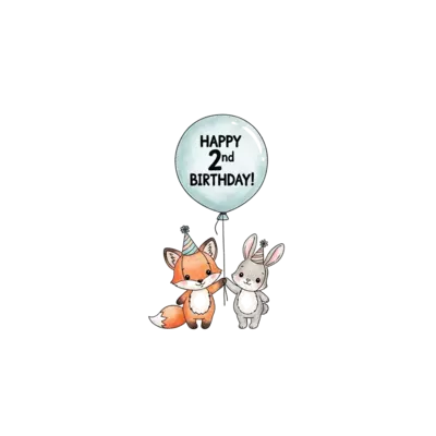 A cute watercolor illustration of a baby fox and a bunny wearing tiny party hats, holding a giant balloon that says "Happy 2nd Birthday!". Soft pastel colors, whimsical children's book style, isolated on a pure white background, high resolution, perfect for a t-shirt print.
