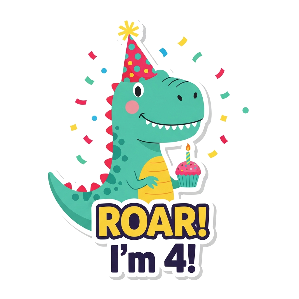 Vibrant vector art of a friendly, smiling T-Rex wearing a bright polka-dot party hat and holding a birthday cupcake. Bold typography that says "ROAR! I'm 4!". Confetti falling in the background. Flat colors, thick clean outlines, sticker style, pure white background, optimized for direct-to-garment apparel printing.