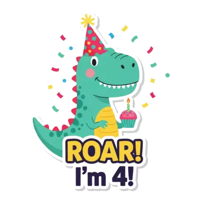 Vibrant vector art of a friendly, smiling T-Rex wearing a bright polka-dot party hat and holding a birthday cupcake. Bold typography that says "ROAR! I'm 4!". Confetti falling in the background. Flat colors, thick clean outlines, sticker style, pure white background, optimized for direct-to-garment apparel printing.