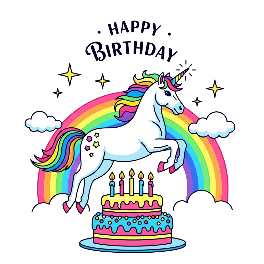 A magical, brightly colored unicorn leaping over a layered birthday cake with 6 glowing candles. Sparkling stars and a rainbow in the background. Elegant but playful text reading "Happy Birthday". Bright neon and pastel color palette, flat vector illustration, pure white background, t-shirt design.