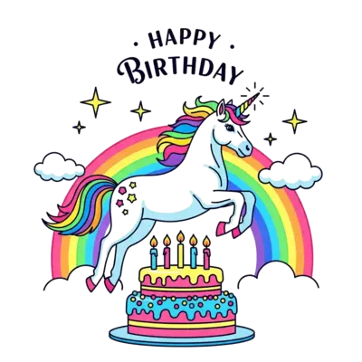 A magical, brightly colored unicorn leaping over a layered birthday cake with 6 glowing candles. Sparkling stars and a rainbow in the background. Elegant but playful text reading "Happy Birthday". Bright neon and pastel color palette, flat vector illustration, pure white background, t-shirt design.