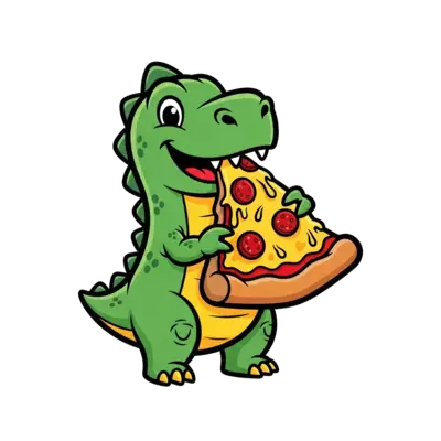 A happy little dinosaur eating a giant pizza