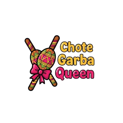 A cute pair of Dandiya sticks with a pink bow and the text "Chote Garba Queen" in a bubbly font.
