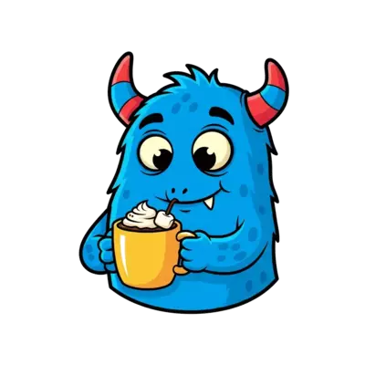 A friendly monster drinking hot chocolate