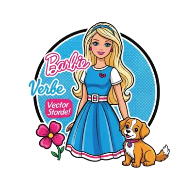 A barbie doll, she wears a blue dress with white and red belt.
She has long blonde hair
She has a pet dog