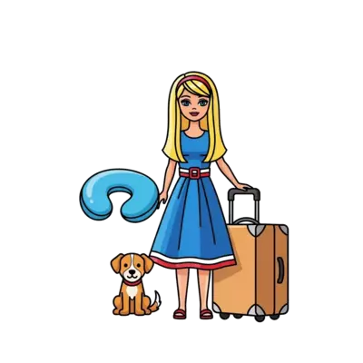 A barbie doll, she wears a blue dress with white and red belt.
She has long blonde hair.
She has a pet dog.
She has a suitcase and a neck pillow.
She has straight hairs and a moderately long