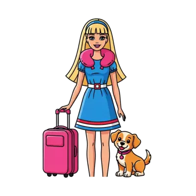 A barbie doll, she wears a blue dress with white and red belt.
She has long blonde hair.
She has a pet dog.
She has a pink colour suitcase and a neck pillow on her neck.
She has straight hairs and a moderately long