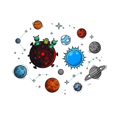 The solar system which has a blue sun and aliens are present in a planet which is dark red and black in colour.
there are nine more planets in this solar system.
Then the second planet is the smallest planet and it is the coldest.
the third planet is grey in colour.
And the rest of the planets looks like a constellation from our solar system