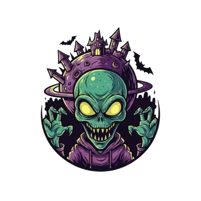 An alien which has ghostly eyes and which is very haunted.
it has big teeths and he looks creepy
His planet is in the shape of haunted castle.