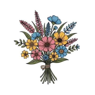 Wildflower bouquet illustration, vintage botanical style, soft earthy tones