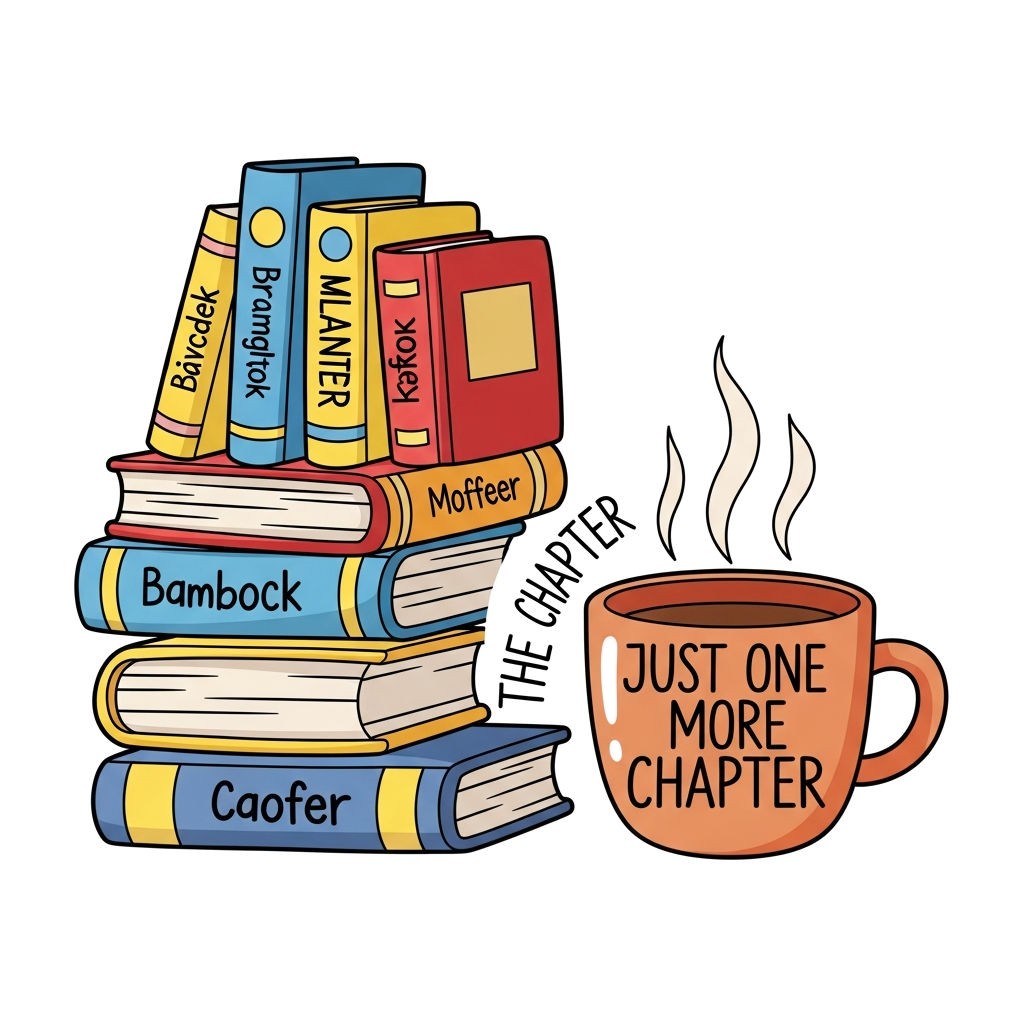 Book and coffee illustration with quote “Just One More Chapter”, cozy aesthetic