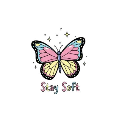 Butterfly with sparkles and handwritten quote “Stay Soft”, pastel dreamy aesthetic