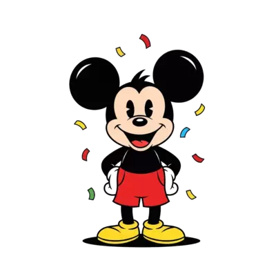 Cute cartoon mouse character inspired by classic vintage cartoon style, big round ears, happy smiling face, wearing red shorts and yellow shoes, colorful confetti around, kids birthday theme, flat vector illustration, bold outlines, bright colors, centered design, white background, perfect for baby t-shirt print