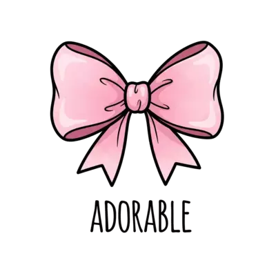 big elegant pink bow with watercolor texture, soft pastel pink shades, cute girly baby t-shirt design, modern handwritten typography “ADORABLE”, minimal outline illustration, centered layout, clean white background, vector graphic, kids apparel print design