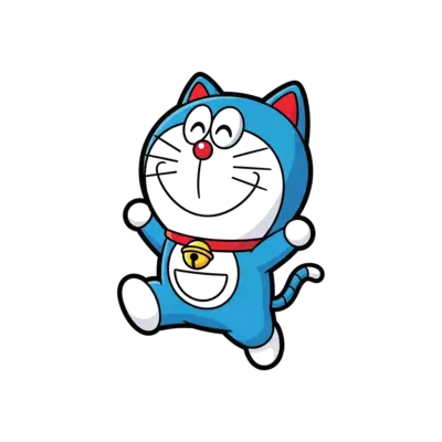 adorable blue robot cat cartoon character jumping happily, round face, red nose, bell collar, kawaii anime style, playful pose, bright colors, thick outline, flat vector illustration, centered design, isolated on white background, kids and baby t-shirt graphic