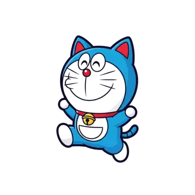 adorable blue robot cat cartoon character jumping happily, round face, red nose, bell collar, kawaii anime style, playful pose, bright colors, thick outline, flat vector illustration, centered design, isolated on white background, kids and baby t-shirt graphic