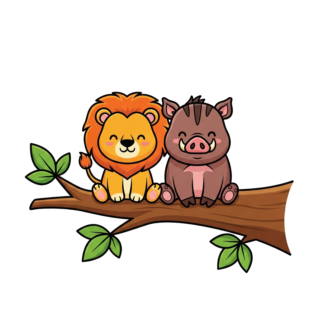 adorable jungle animals illustration, smiling lion cub and chubby wild boar sitting together on tree branch with green leaves, cute cartoon style, simple flat colors, thick outlines, playful children’s illustration, centered design, vector style, screen print friendly, kids t-shirt graphic
