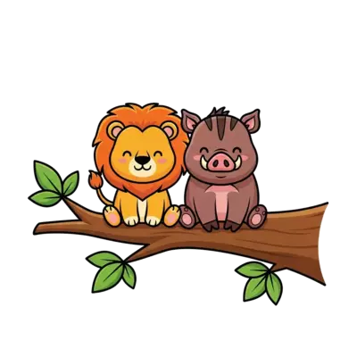 adorable jungle animals illustration, smiling lion cub and chubby wild boar sitting together on tree branch with green leaves, cute cartoon style, simple flat colors, thick outlines, playful children’s illustration, centered design, vector style, screen print friendly, kids t-shirt graphic
