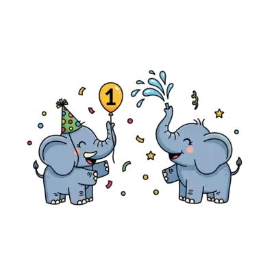 A birthday-themed t-shirt for 1 year old, with 2 elephant playing