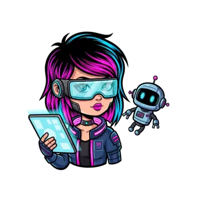 cute cyberpunk girl, neon hair glowing pink and blue, futuristic visor glasses, small robot companion floating beside her, holding a holographic tablet, playful sci-fi style, vibrant neon lights, cartoon illustration, clean background, bold outlines, colorful, sticker style, perfect for t-shirt print