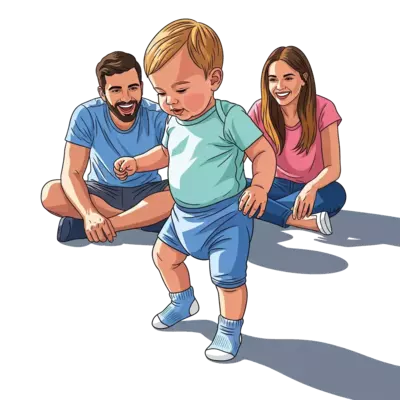 A happy toddler taking first steps outdoors wearing soft sock shoes, bright natural lighting, pastel colors, joyful parents watching, clean modern lifestyle scene, minimal background, premium baby product photography style, soft shadows, high resolution, ecommerce homepage hero banner