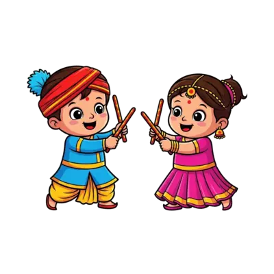 “Cute baby cartoon boy and girl playing garba with dandiya sticks, wearing traditional Navratri clothes, bright colorful outfit, happy expression, festive vibe, flat vector illustration, kids t-shirt design style, clean background, bold outline, vibrant colors, high quality vector, centered composition”