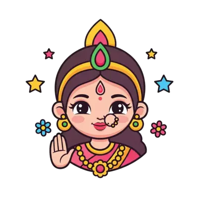 “Cute smiling Maa Durga cartoon illustration, soft and friendly style for kids, bright festive colors, simple vector art, Navratri theme, stars and flowers around, clean bold outlines, minimal shading, kids t-shirt print design, white background”