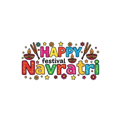 Cute Navratri festival typography ‘Happy Navratri’, playful kid-friendly lettering, decorated with dandiya sticks, diyas, stars and flowers, bright festive colors, flat vector illustration, clean bold outlines, kids t-shirt design, white background”