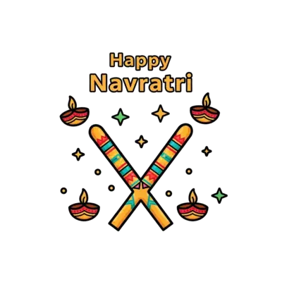 “Minimal cute dandiya sticks crossed with small stars and diyas, playful ‘Happy Navratri’ text, colorful festive theme, flat vector illustration, bold outlines, minimal style, kids t-shirt design, white background”. “vector style, bold outline, minimal shading, screen print friendly, centered composition, transparent background, high resolution”