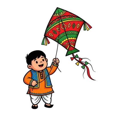 Indian boy in a colorful kurta playing with a festive kite