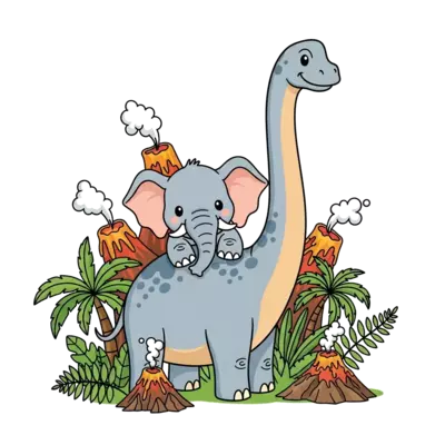 A super cute cartoon baby elephant playing hide-and-seek with a friendly, smiling cartoon brachiosaurus, surrounded by lush green prehistoric plants and tiny colorful volcanoes, in a vibrant and playful illustration style.