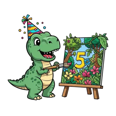 A cute cartoon baby T-Rex wearing a party hat, holding a paintbrush and painting a vibrant jungle scene with colorful flowers and trees, number 5 hidden playfully in the foliage, cheerful and bright.