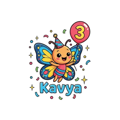 A super cute, smiling cartoon butterfly wearing a tiny party hat, holding a balloon with the number '3' on it. The name 'Kavya' is written playfully beneath, surrounded by colorful confetti and sparkling stars, in a vibrant, cheerful style.
