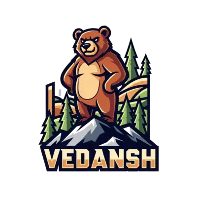 A bold and cool graphic illustration of a stylized bear standing confidently on a mountain peak, with abstract forest elements in the background. The name 'Vedansh' is integrated in a strong, adventurous font. Rich, earthy tones with sharp lines and dynamic composition.