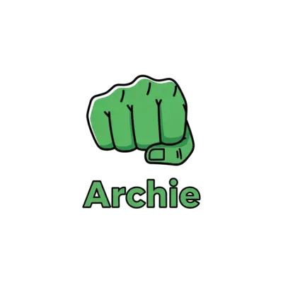 A minimalist graphic illustration of a powerful green superhero fist, stylized with clean lines and a modern aesthetic, with the name 'Archie' integrated seamlessly below the fist, on a plain white background, child-friendly.
