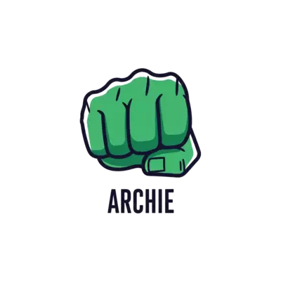 A minimalist graphic illustration of a powerful green superhero fist, stylized with clean lines and a modern aesthetic, with the name 'Archie' integrated seamlessly below the fist, on a plain white background, child-friendly.