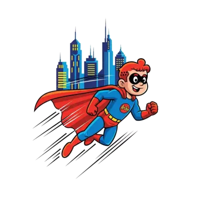 A powerful cartoon superhero boy named Archie, flying through a futuristic city skyline, cape billowing, in a bold and dynamic comic book art style, vibrant primary colors, action lines, isolated graphic.
