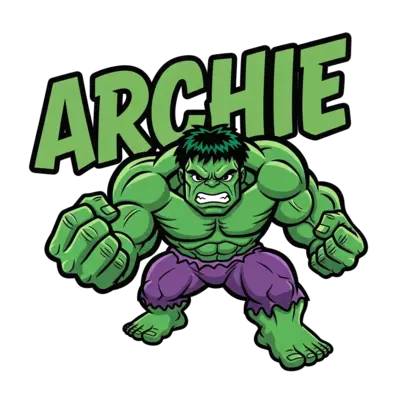A dynamic illustration of a powerful, stylized Hulk with a determined expression, flexing his muscles, with the name 'Archie' integrated boldly into the background in a comic book font. The color palette is vibrant greens and purples with strong outlines, in a bold, cool cartoon style.