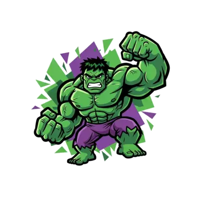 A dynamic illustration of a stylized, cool Hulk flexing his muscles, with a powerful, determined expression, set against a backdrop of abstract, shattered green and purple geometric shapes, bold comic book art style, vibrant colors.