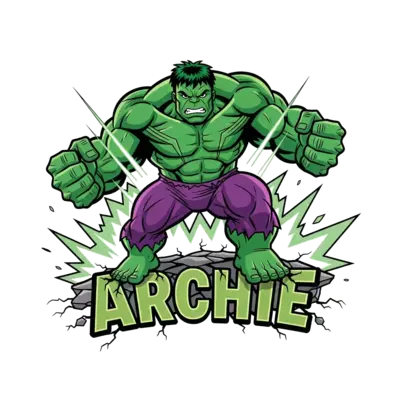A dynamic, bold comic-style illustration of a powerful green Hulk in a heroic pose, with his name 'ARCHIE' integrated into a cracked ground or a powerful energy burst effect. Vibrant greens, purples, and greys, with cool action lines.