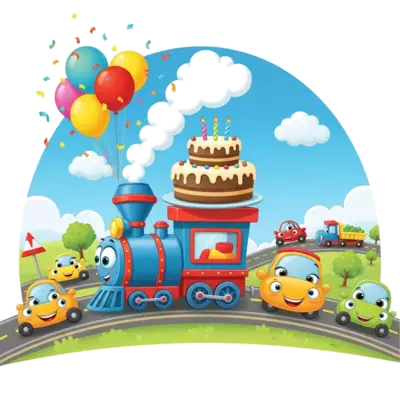 A cheerful cartoon train carrying a birthday cake with 3 candles, surrounded by colorful balloons and confetti, with a playful road full of happy cars and trucks in the background, vibrant and child-friendly art style.