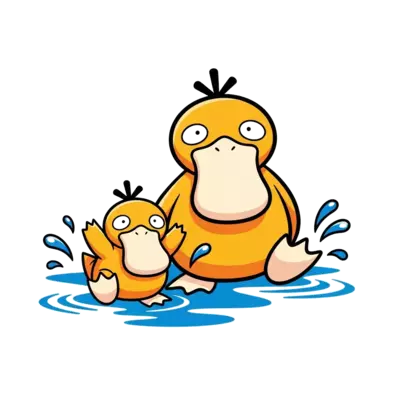 Psyduck mommy and kid in front , playing in water