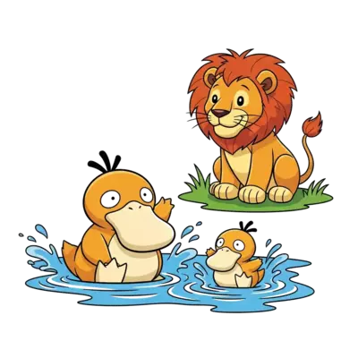 Psyduck mommy and kid in front , playing in water and a lion sitting on land and observing them