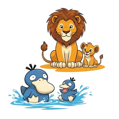 Psyduck mommy and kid in front , playing in water and a lion sitting on land and observing them along with a male cub