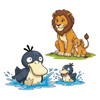 Psyduck mommy and kid in front , playing in water and a lion sitting on land and observing them along with a male cub
